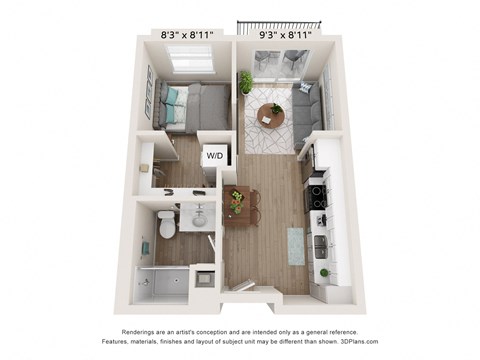 a 1 bedroom floor plan with a bathroom and a living roomat SoRoc On Maine, Rochester, MN 55904 